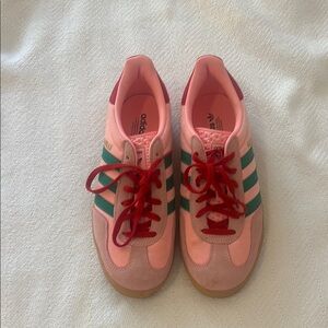 Adidas Pink and Green Gazelles with Red Accents